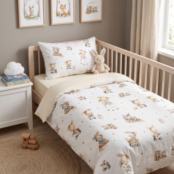 Cotton Fabric Rabbits & Beige Trains on a White Background