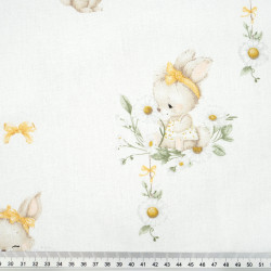 Cotton Fabric Bunnies with Yellow Bows on a White Background