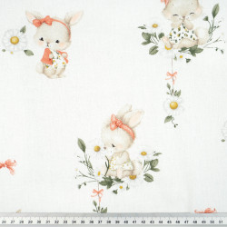 Cotton Fabric Bunnies with Rust Bows on a White Background