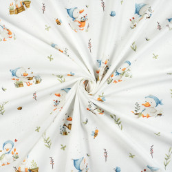 Cotton Fabric Blue Ducklings in the Garden on a White Background