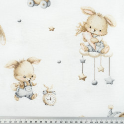 Flannel Bunnies & Beige Trains on a White Background