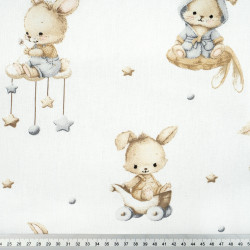 Cotton Fabric Bunnies & Beige Trains on a White Background