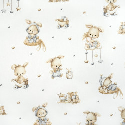 Cotton Fabric Bunnies & Beige Trains on a White Background