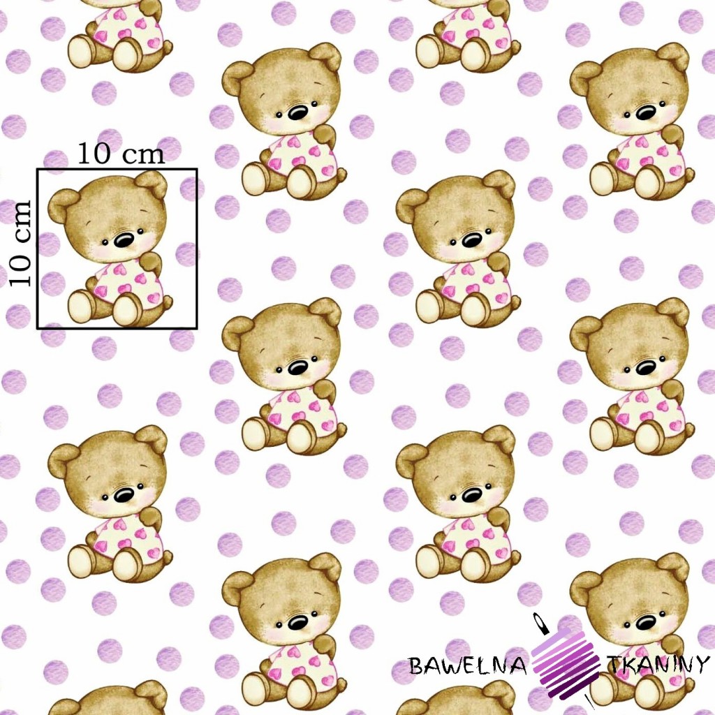 Cotton beige bears with purple spots on white background