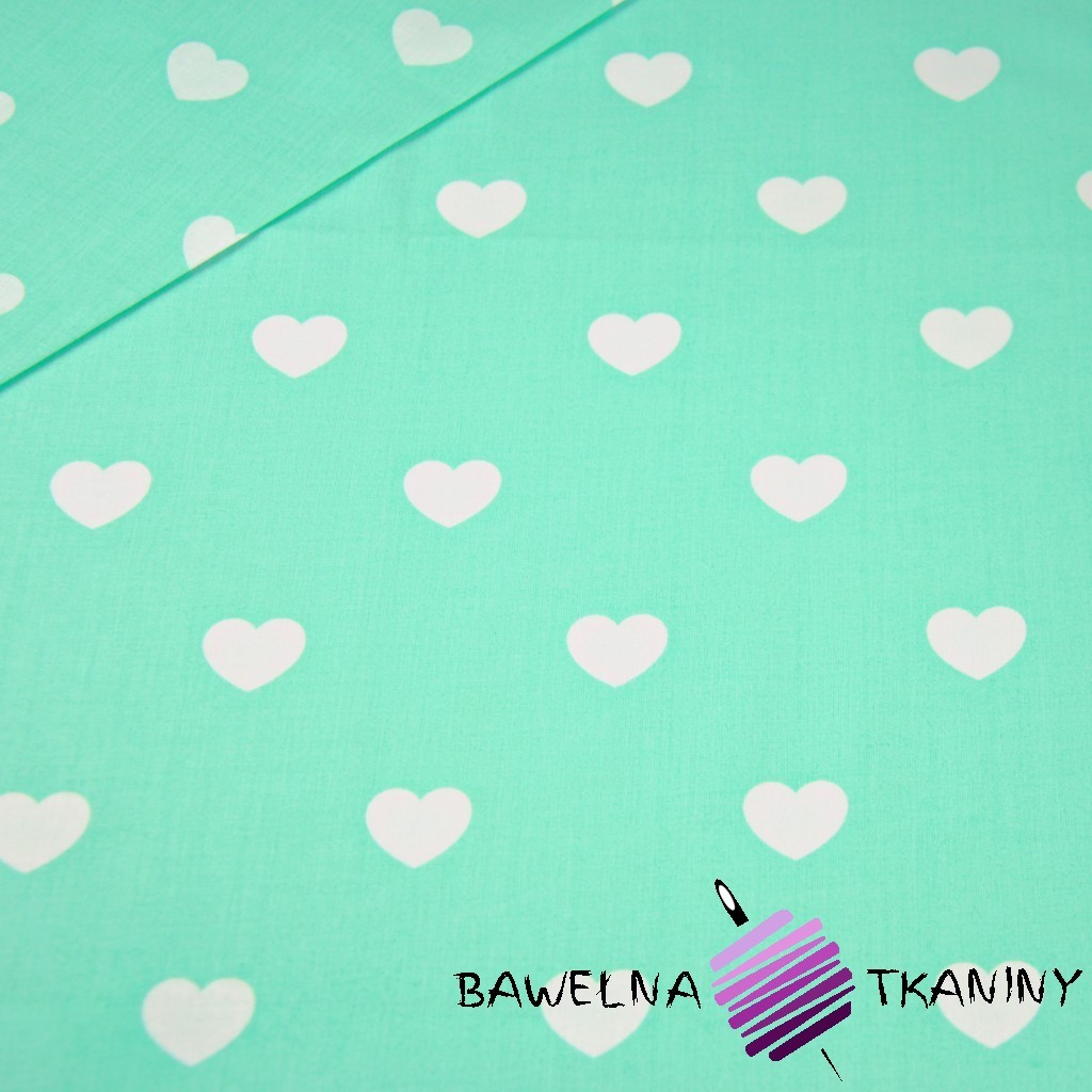 Cotton white hearts on mint background