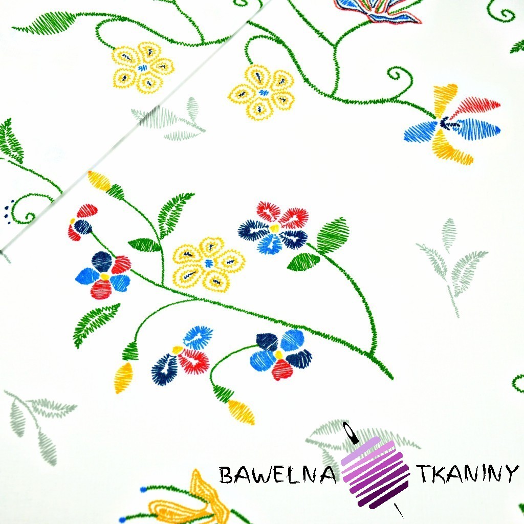 Cotton flowers embroidered on white background
