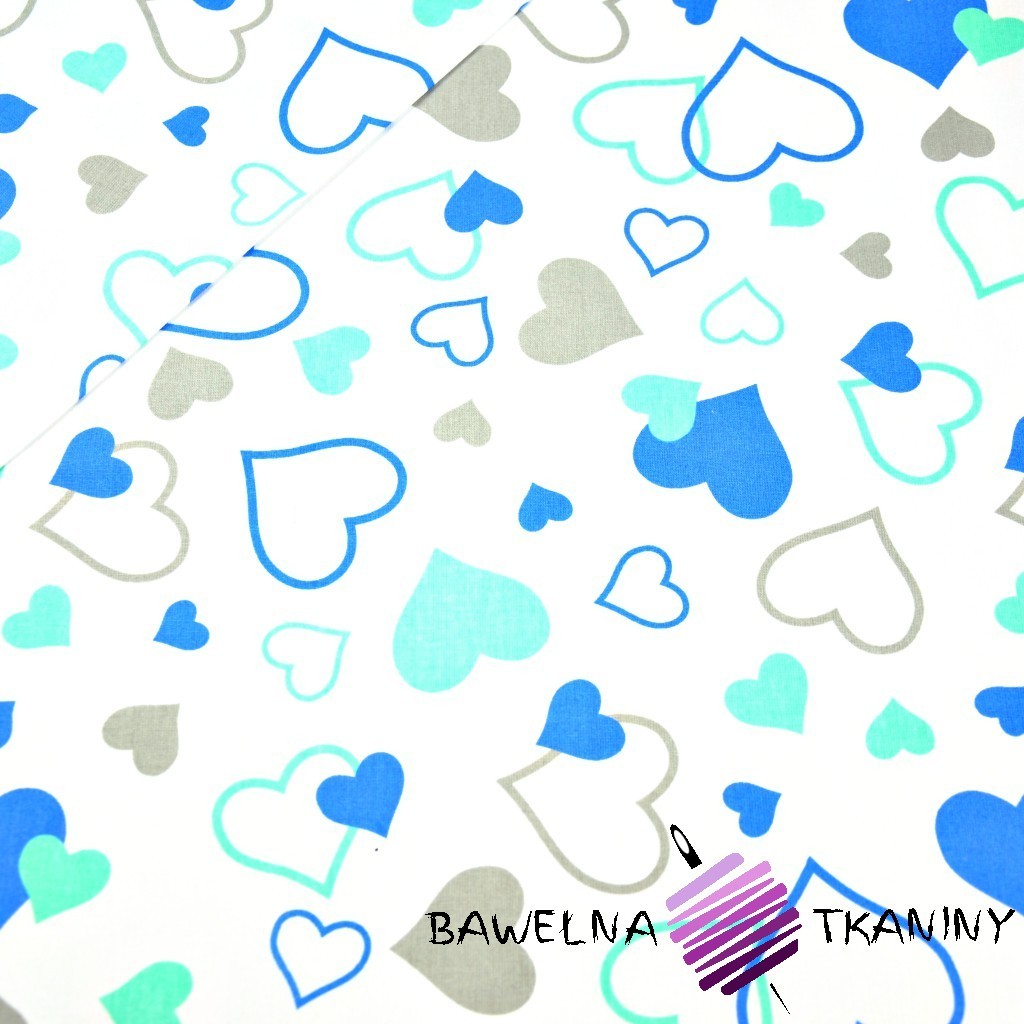Cotton small & big blue & mint hearts on white background