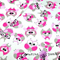 Cotton gray & pink owls with glasses on white background