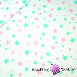 Bawełna gwiazdki nowe małe i duże różowo miętowe na białym tle