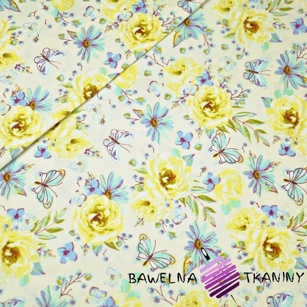 Bawełna kwiatki z motylkami żółto niebieskie na ecru tle.