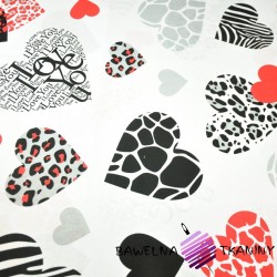 Cotton black & red hearts on white background