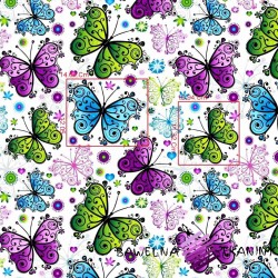 Bawełna motyle zielono niebiesko fioletowe na białym tle.