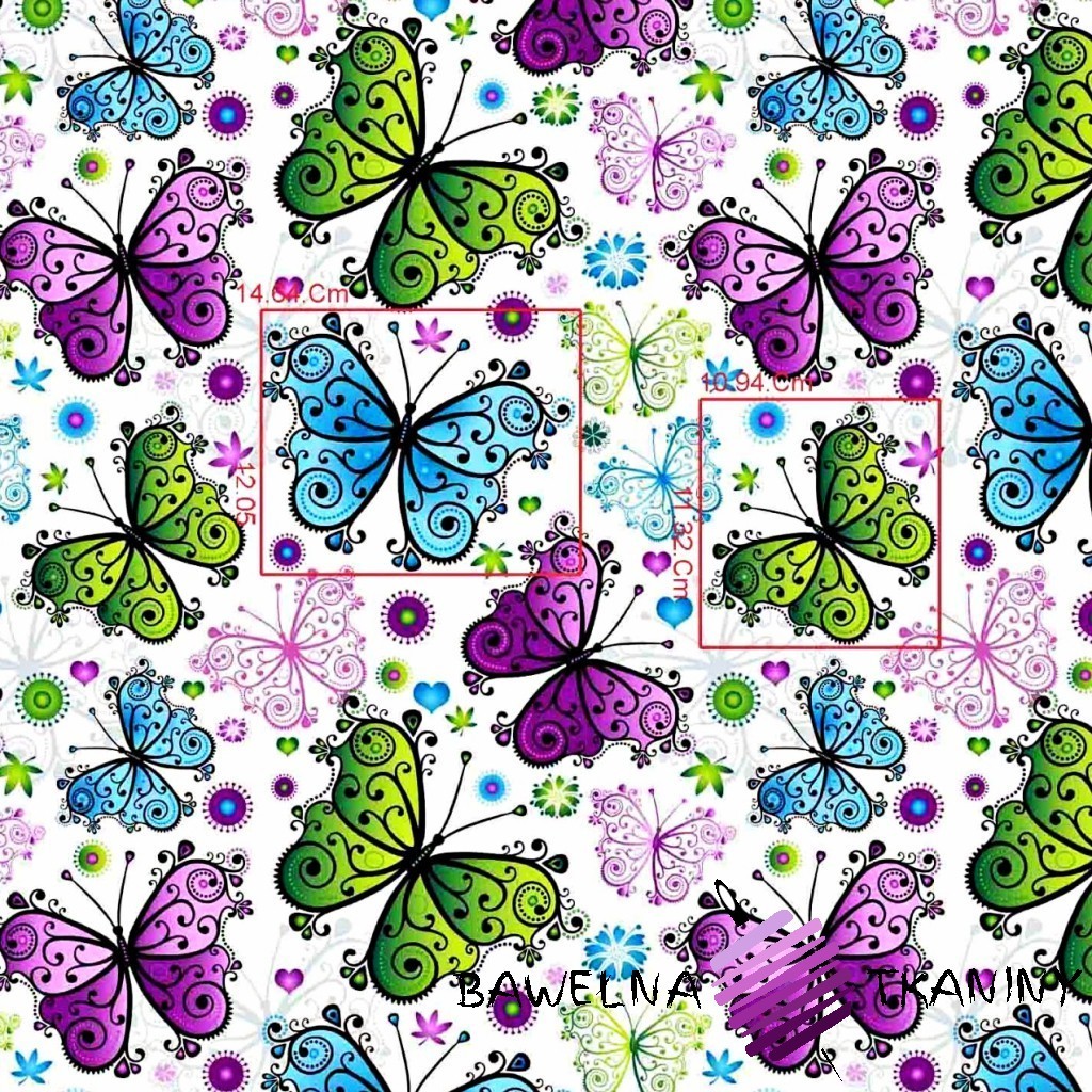 Cotton purple, blue & green butterflies on white background