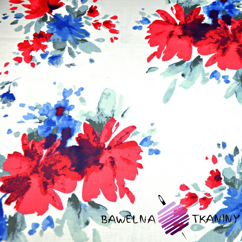 Cotton blue & red painted flowers on white background -220cm