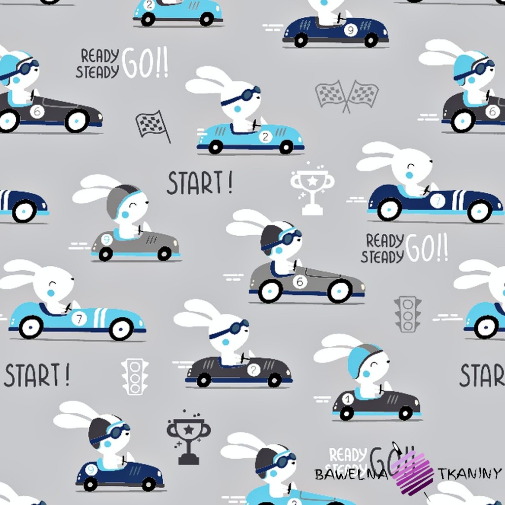 Cotton rabbits in race car on gray background