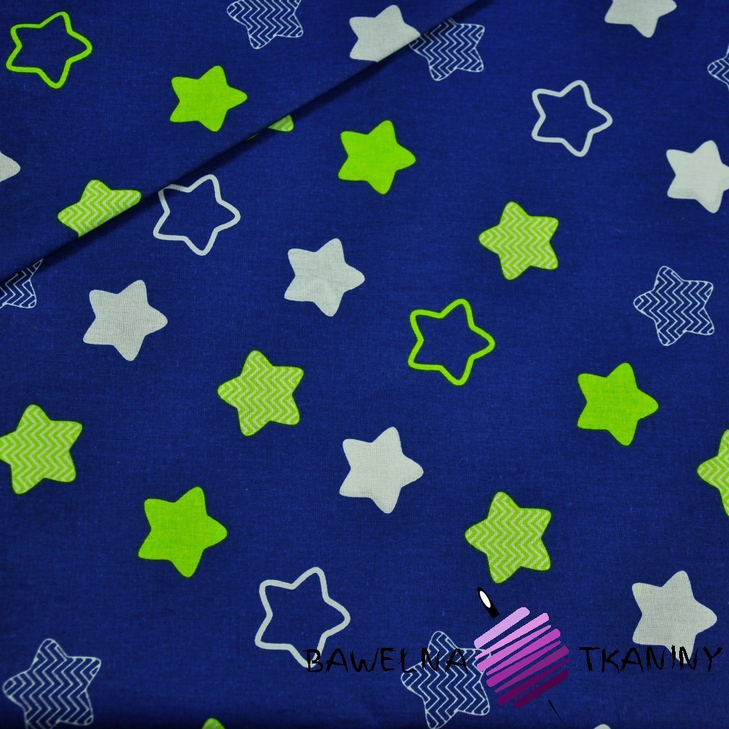 Cotton white & lime gingerbread stars on navy blue background