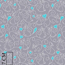 Cotton cats with turquoise hearts on gray background