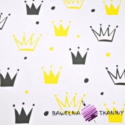 Cotton black & yellow crowns with dots on white background
