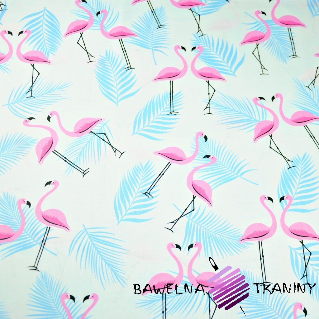 Bawełna flamingi z listkami różowo błękitne na białym tle