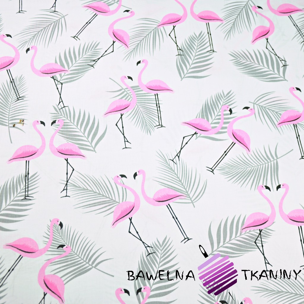 Bawełna flamingi z listkami różowo szare na białym tle
