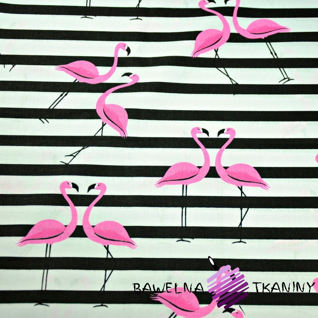 Bawełna flamingi z pasami różowo czarnymi na białym tle