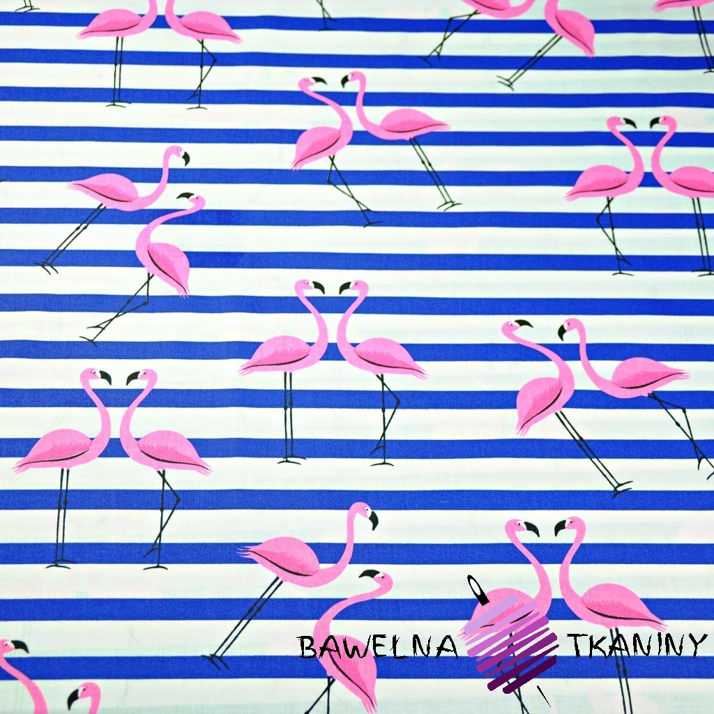 Cotton pink flamingos with navy stripes on a white background