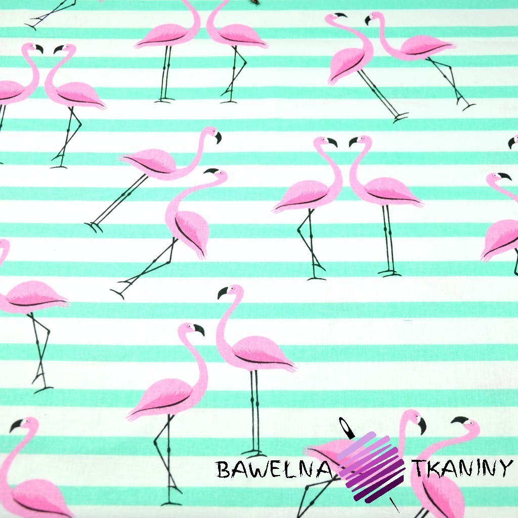 Cotton pink flamingos with mint stripes on a white background