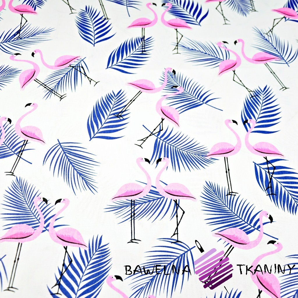 Cotton blue-pink flamingos with navy leaves on a white background