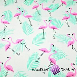 Bawełna flamingi z listkami różowo miętowe na białym tle
