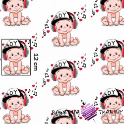 Cotton baby with headphones on a white background