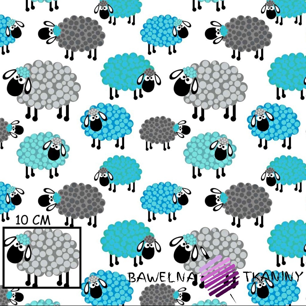 Bawełna owieczki w kropeczki niebiesko szare na białym tle