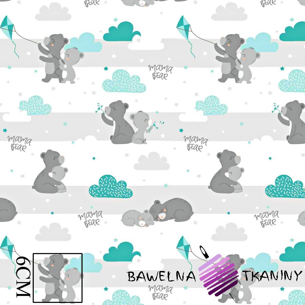 Cotton gray teddy bears with a mint kite on a white background