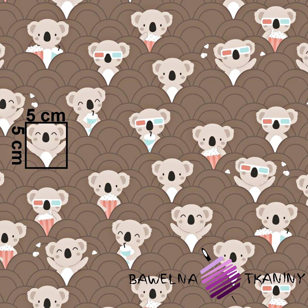 Cotton koala in the cinema on a brown background