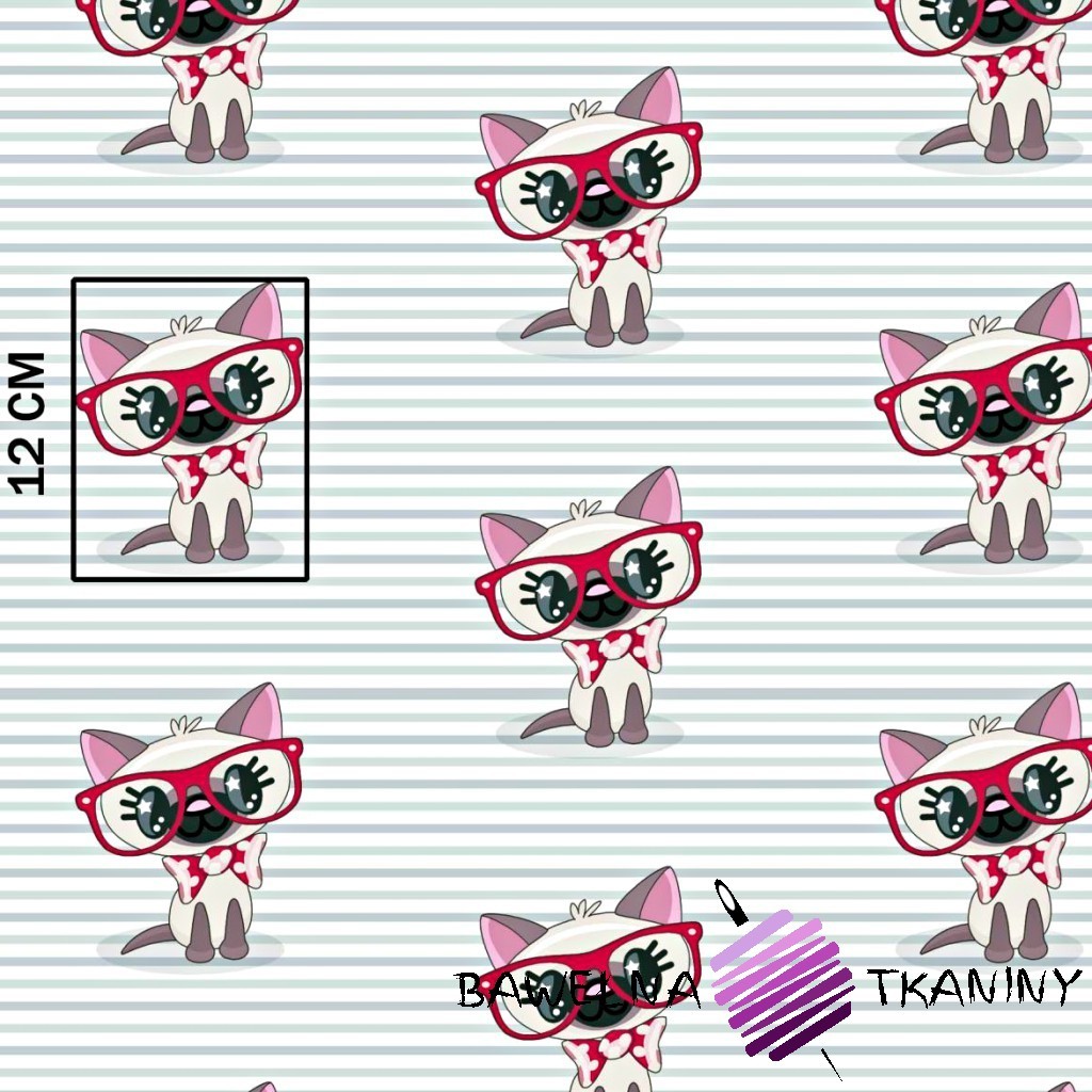 Bawełna koty w czerwonych okularach na pasiastym tle
