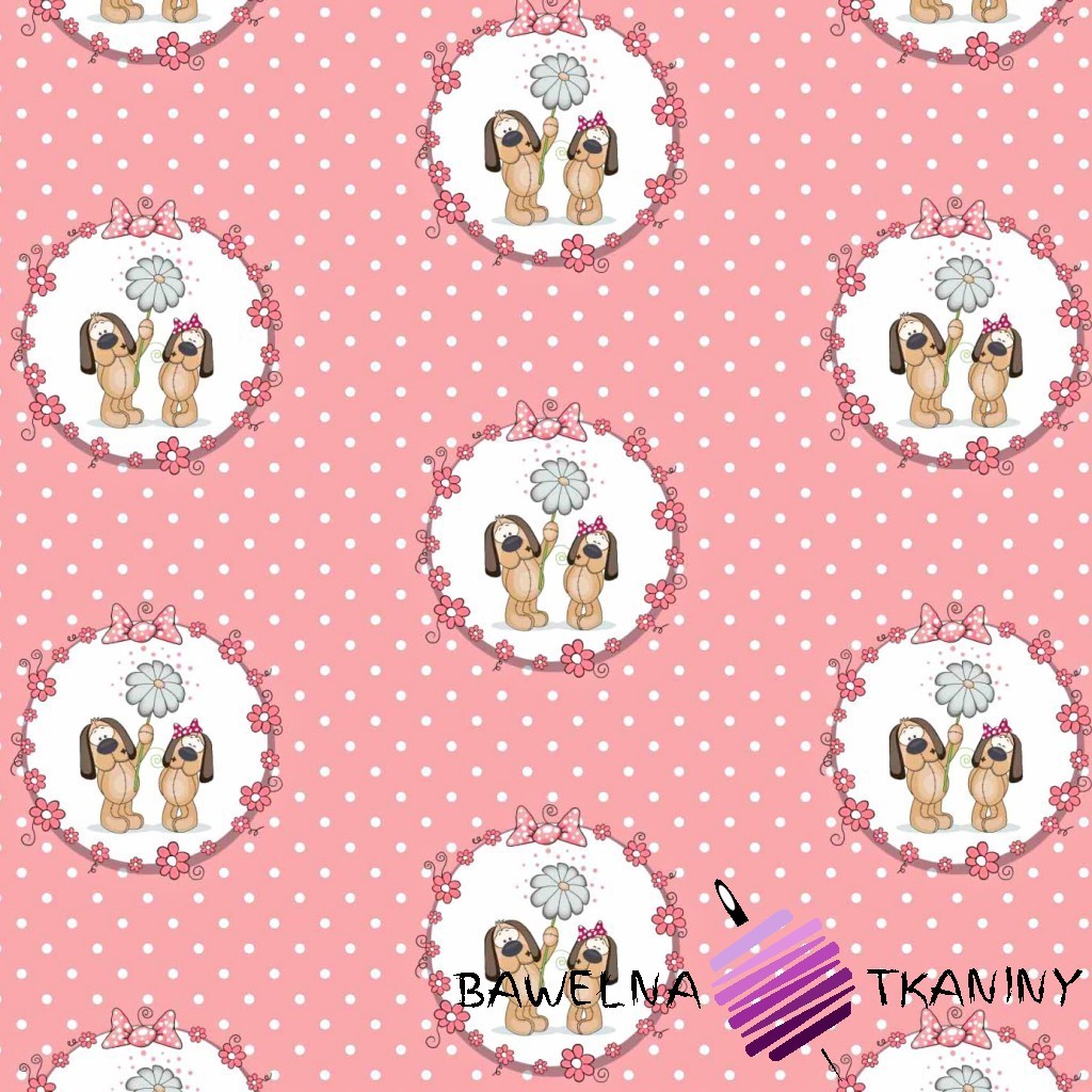 Cotton dogs in circles on a pink dot background