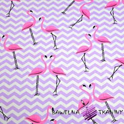 Cotton flamingos with purple zigzags on a white background