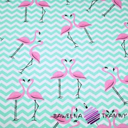 Cotton flamingos with mint zigzags on a white background