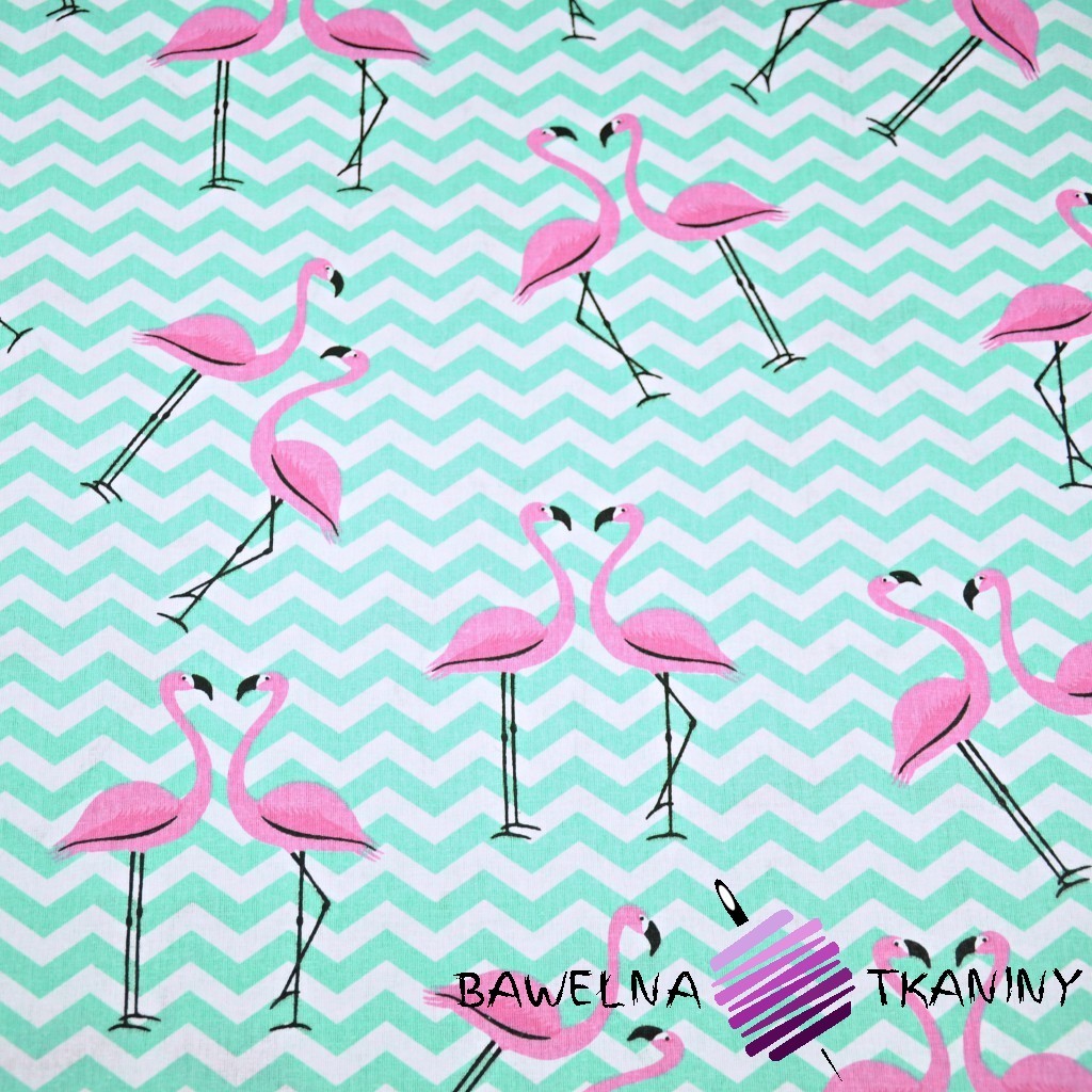 Bawełna flamingi z miętowymi zygzakami na białym tle
