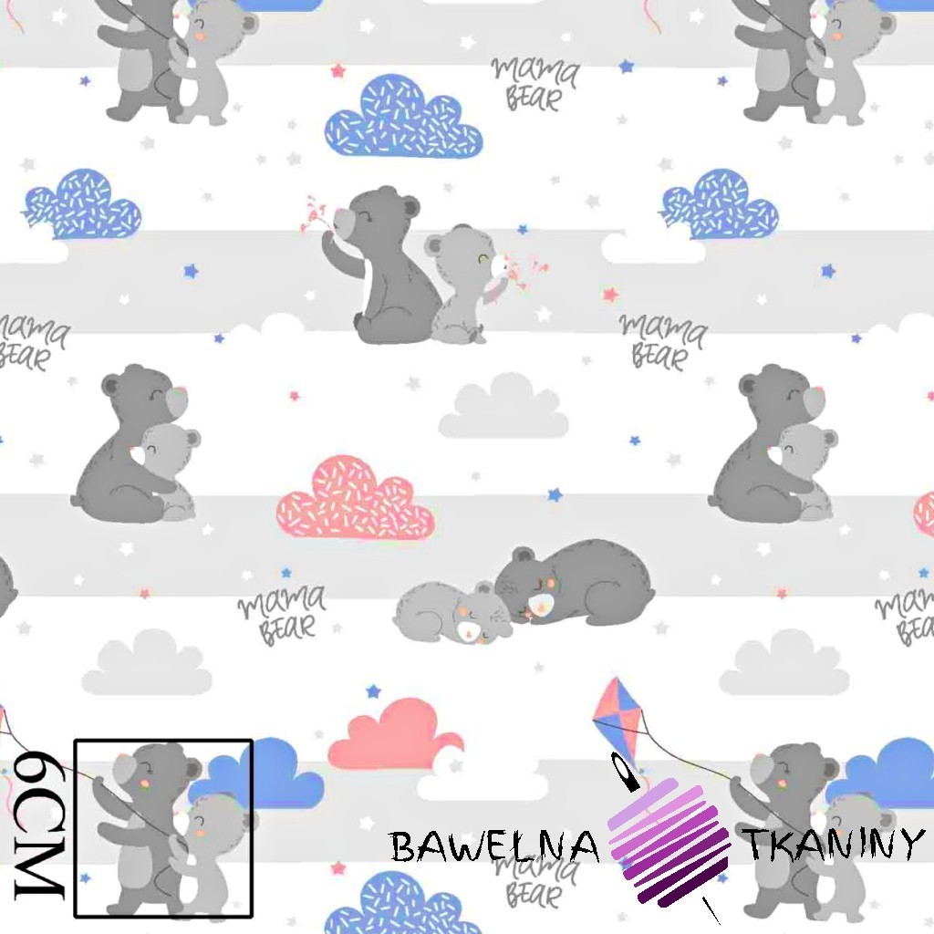 Cotton gray teddy bears with a pink kite on a white background