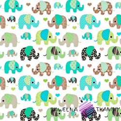 Cotton green & brown Indian elephants on white background