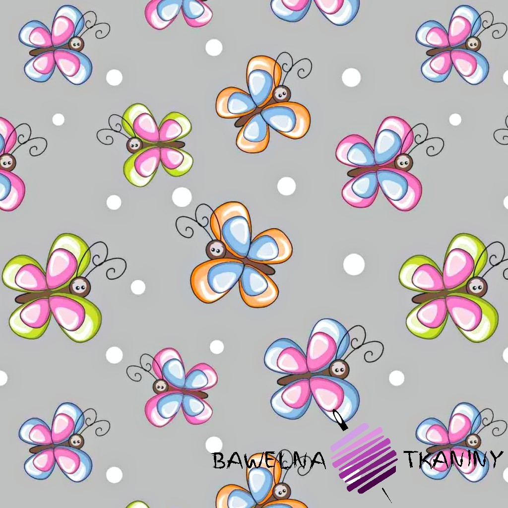 Bawełna motylki kolorowe z białymi kropeczkami na szarym tle