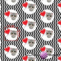 Cotton kitten with a pink balloon on a black-white zigzag background