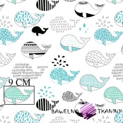 Cotton patterned black and turquoise whales on a white background