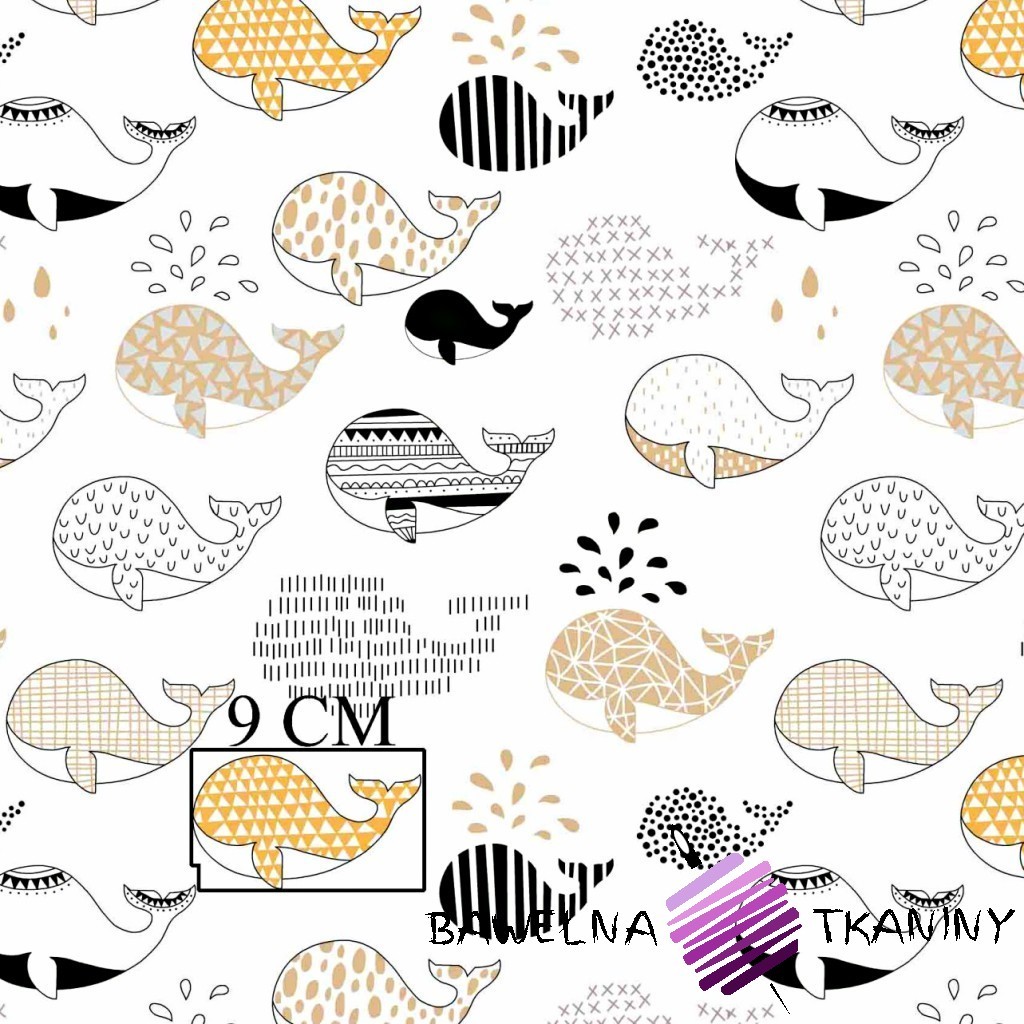 Cotton patterned black and beige whales on a white background