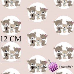 Cotton family teddy bears in circles on beige background