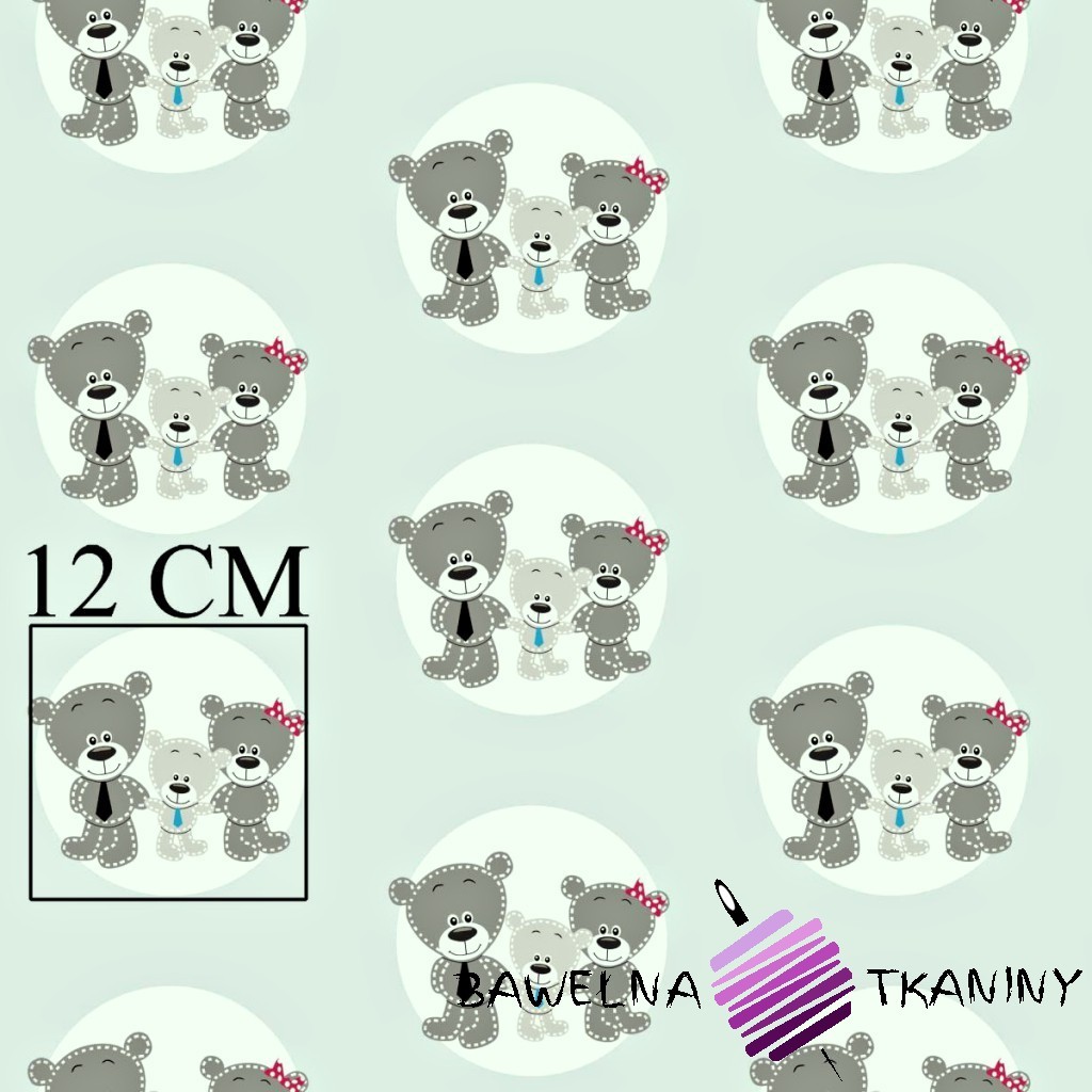 Cotton family teddy bears in circles on a light mint background