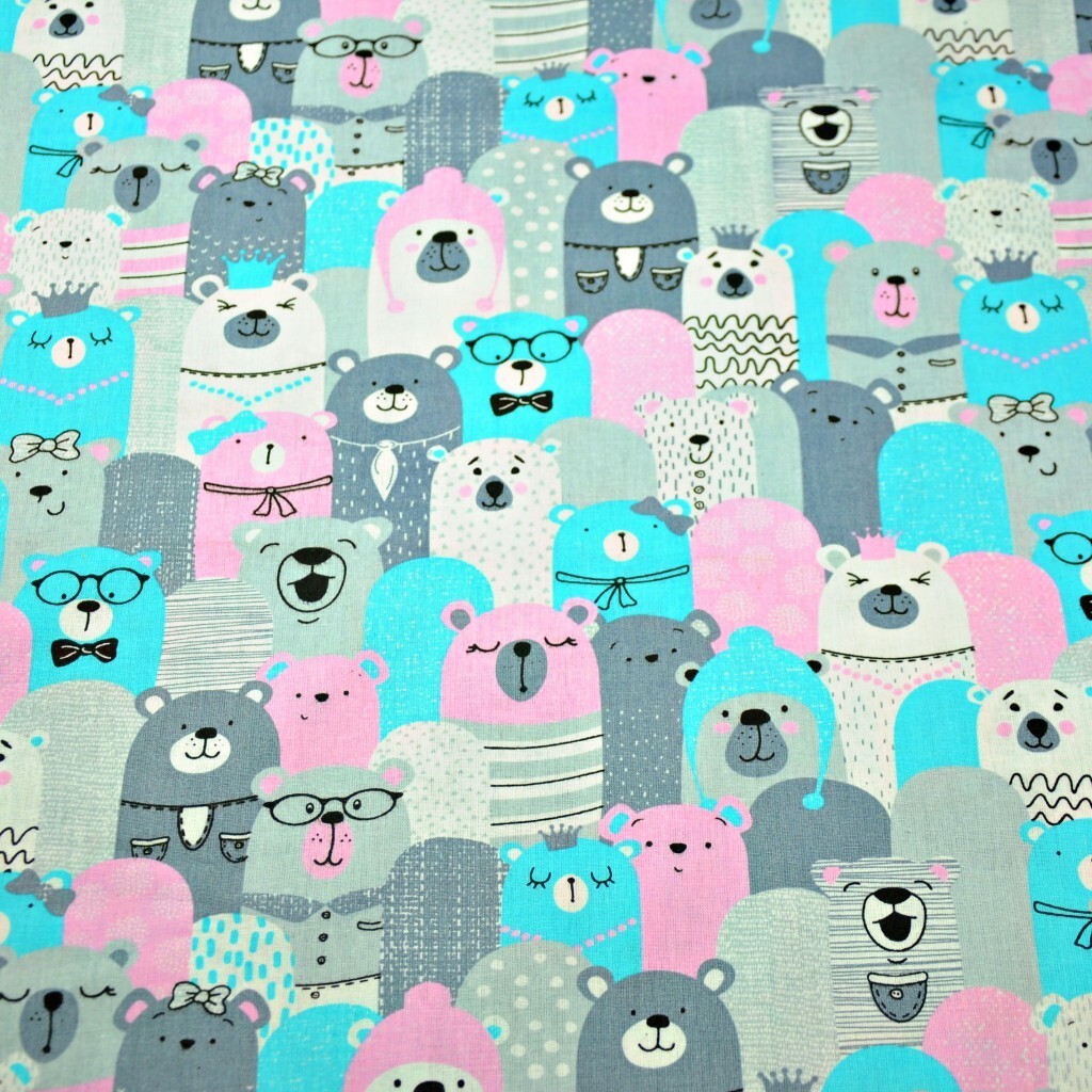 Cotton gray, pink, turquoise bears in the cinema