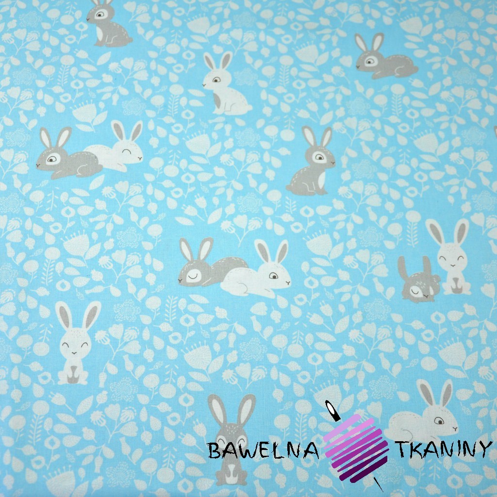 Bawełna króliki biało szare na niebieskim tle