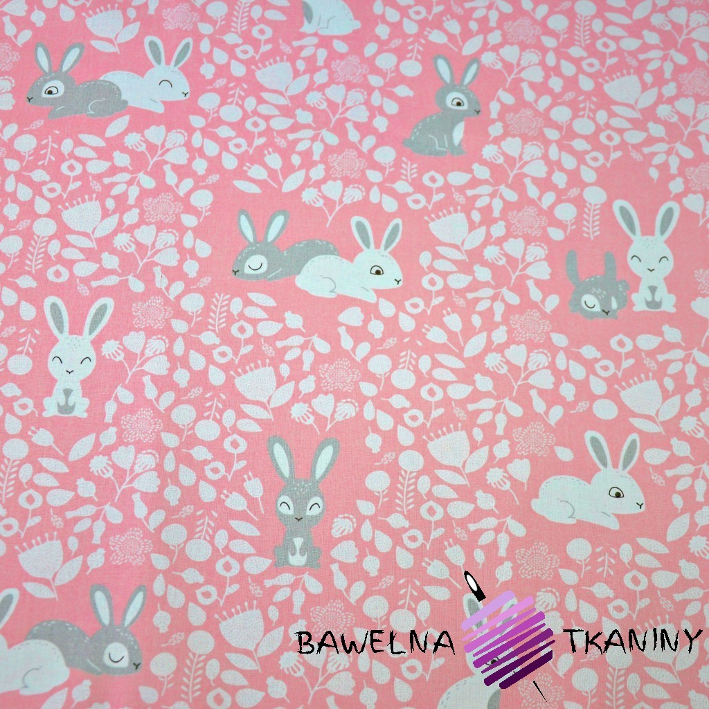 Bawełna króliki biało szare na różowym tle