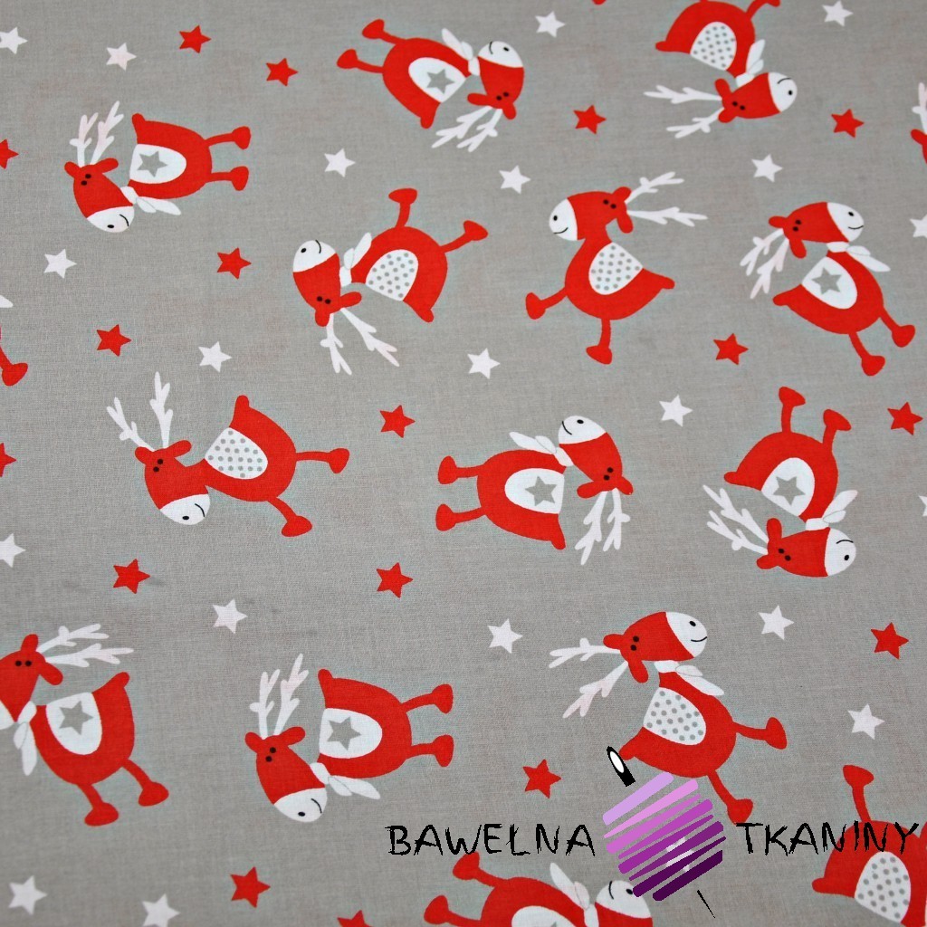 Cotton Red reindeers on gray background